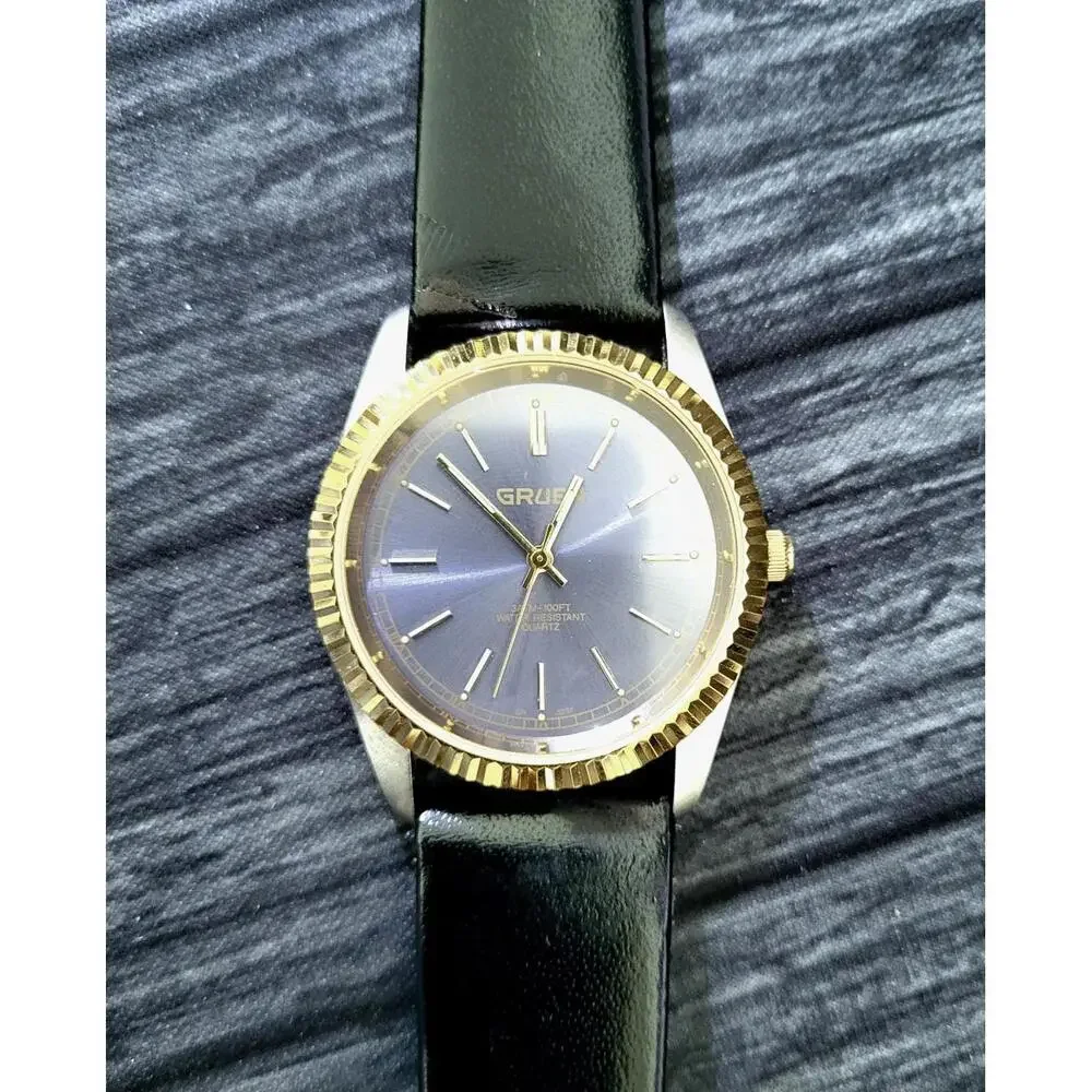 Rare Gruen 2 Tone Mens Dress Watch Satin Dial Fluted Bezel‎